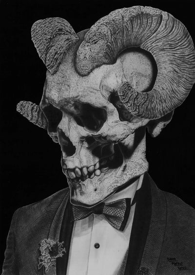Obra de arte completa de “Cabravera”, un cráneo humano con cuernos de cabra estilizado con estética oscura, dibujo a lápiz original de David Mateo Art.