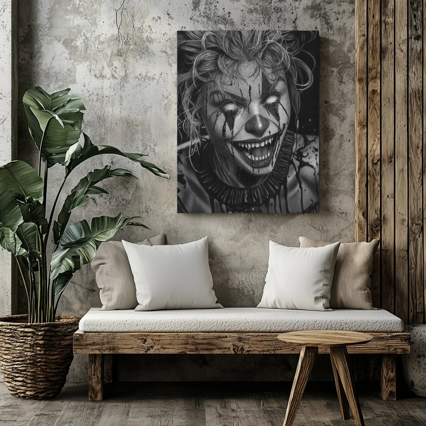 Cuadro moderno para salón de arte gótico de terror de una payasa con ojos en blanco colmillos afilados. Dibujo a lápiz.