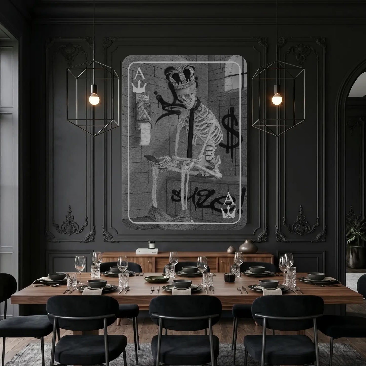 Cuadro moderno para salón de un esqueleto de rey sentado en su trono.