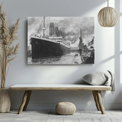 Titanic. Dibujo a lápiz hiperrealista del Titanic a mano en formato lámina decorativa para paredes.
