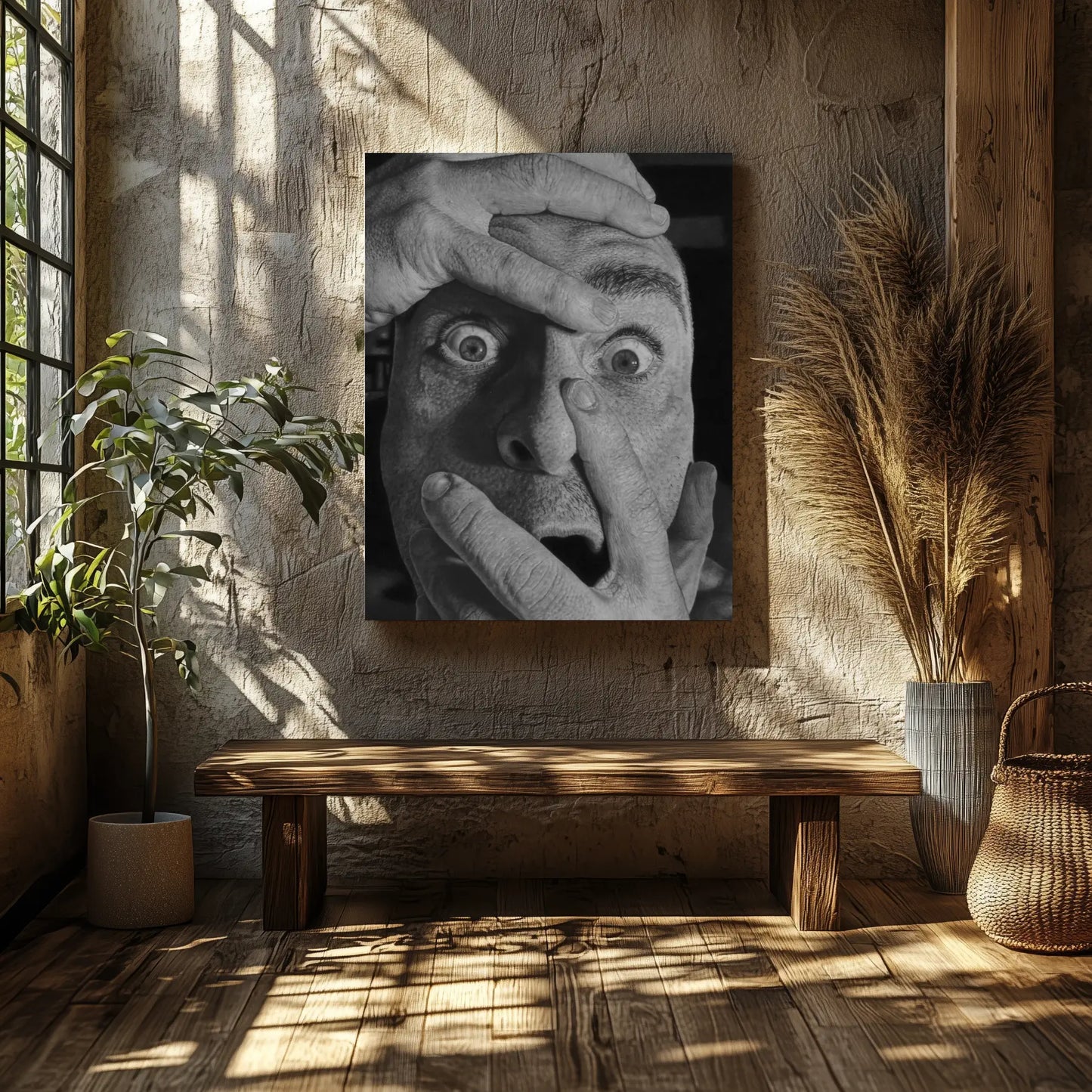 Lámina decorativa para pared hiperrealista El Grito Silencioso sobre una repisa de madera para referencia de tamaño en decoración.