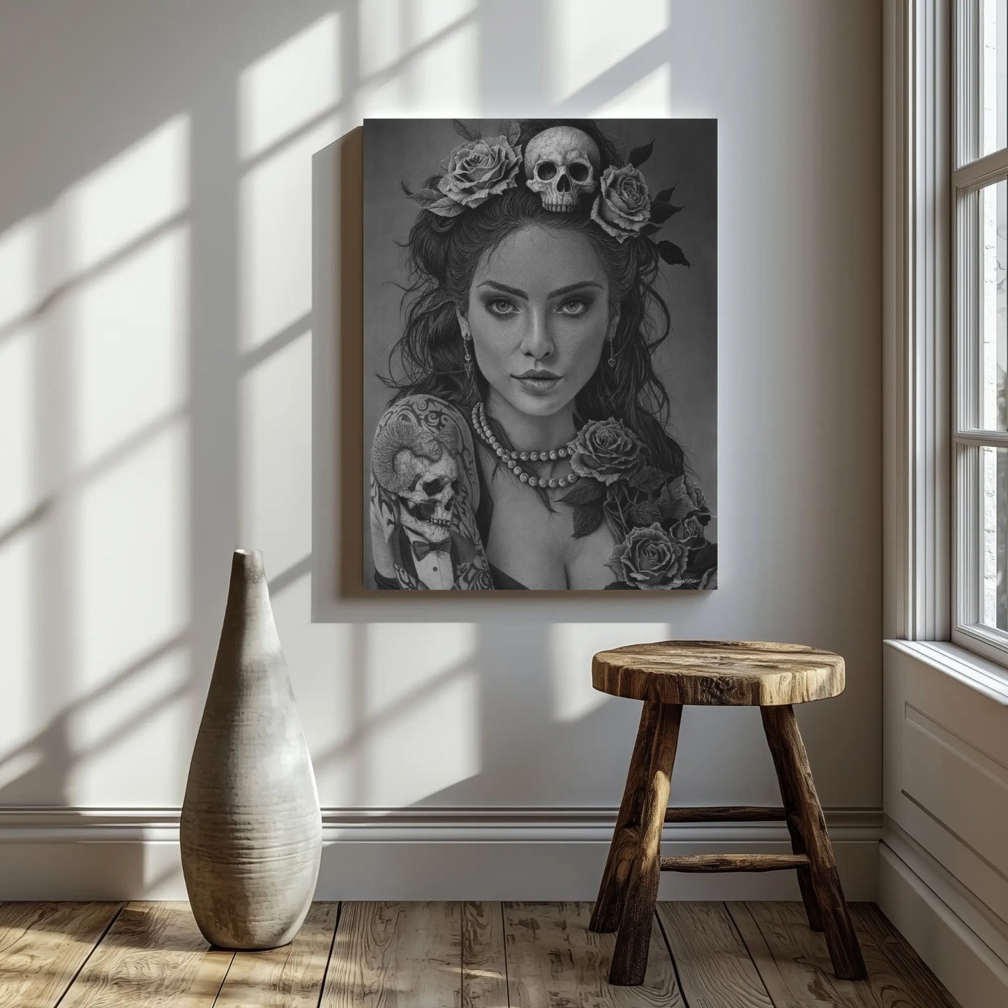 Cuadro decorativo moderno de un retrato femenino hiperrealista, dibujo a lápiz donde una calavera y flores simbolizan la dualidad entre belleza y muerte en una composición en blanco y negro.