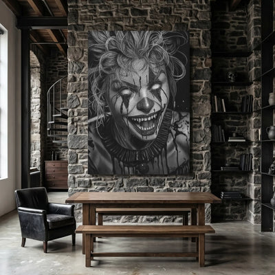 Dibujo a lápiz de carboncillo e una payasa gótica, ideal para cuadros modernos para la decoración de interiores
