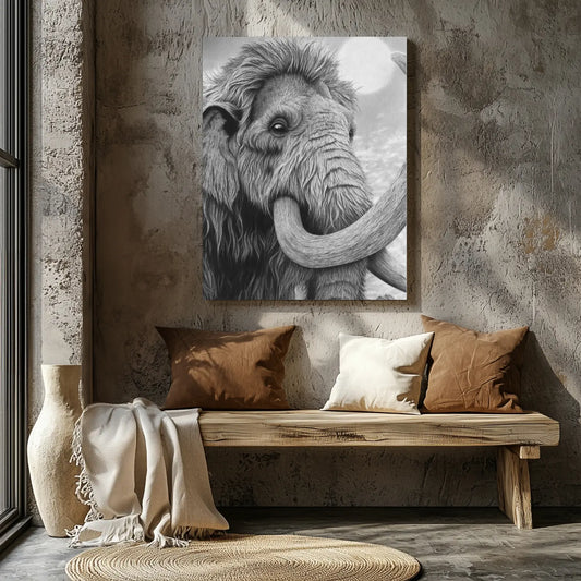 Cuadro decorativo para pared de una ilustración hiperrealista de un mamut lanudo a carboncillo en una pared de estilo industrial junto a una ventana.