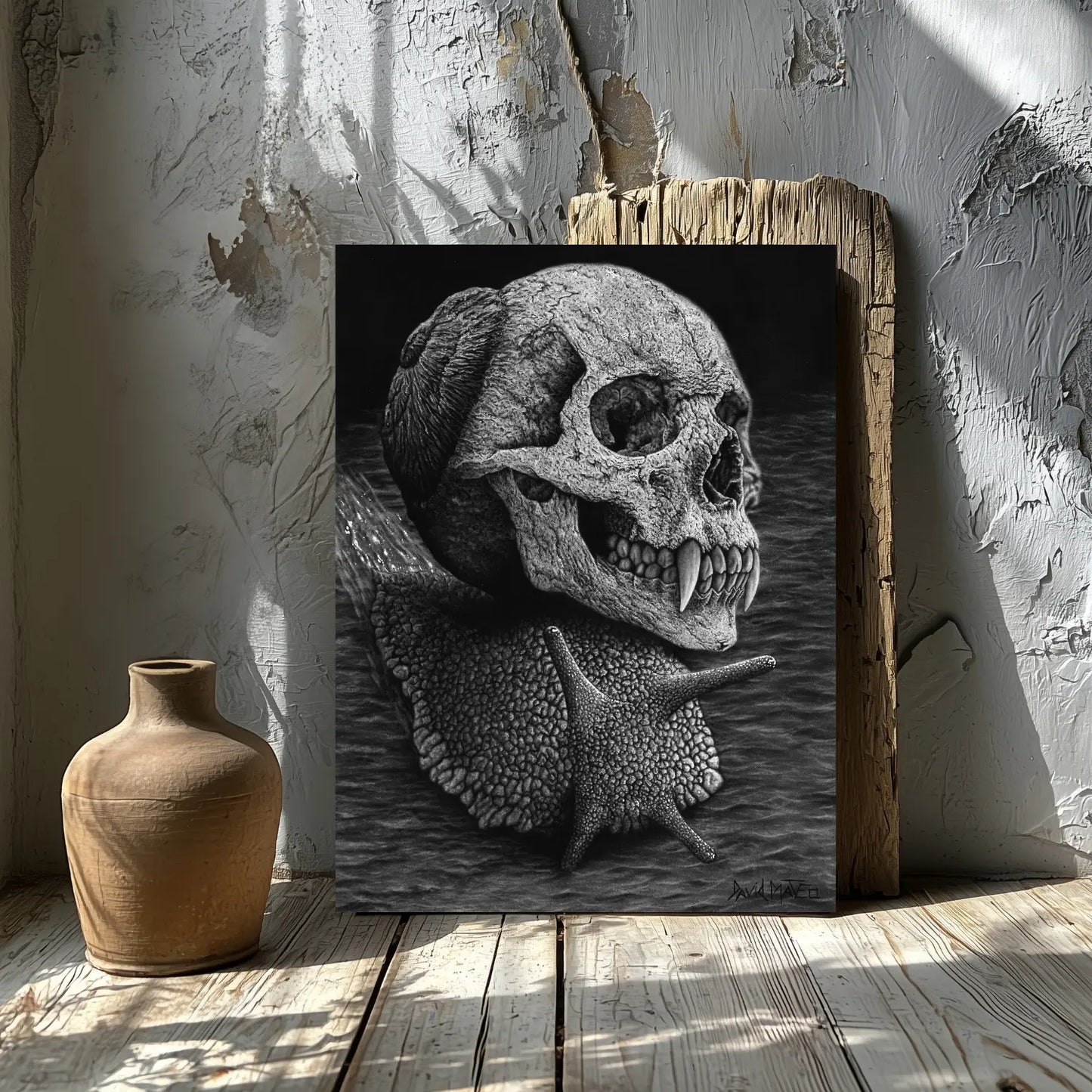 Lámina decorativa para pared del artista David Mateo con un dibujo al carboncillo de un caracol demoníaco.