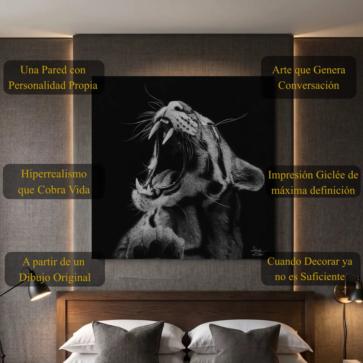 Lámina decorativa para pared de un leopardo rugiendo dibujado a mano por David Mateo a carboncillo.