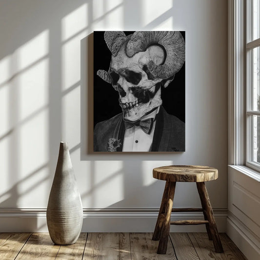 Lámina decorativa para pared realista de una calavera con cuernos de cabra, esmoquin y pajarita expuesta en un salón de estilo minimalista.