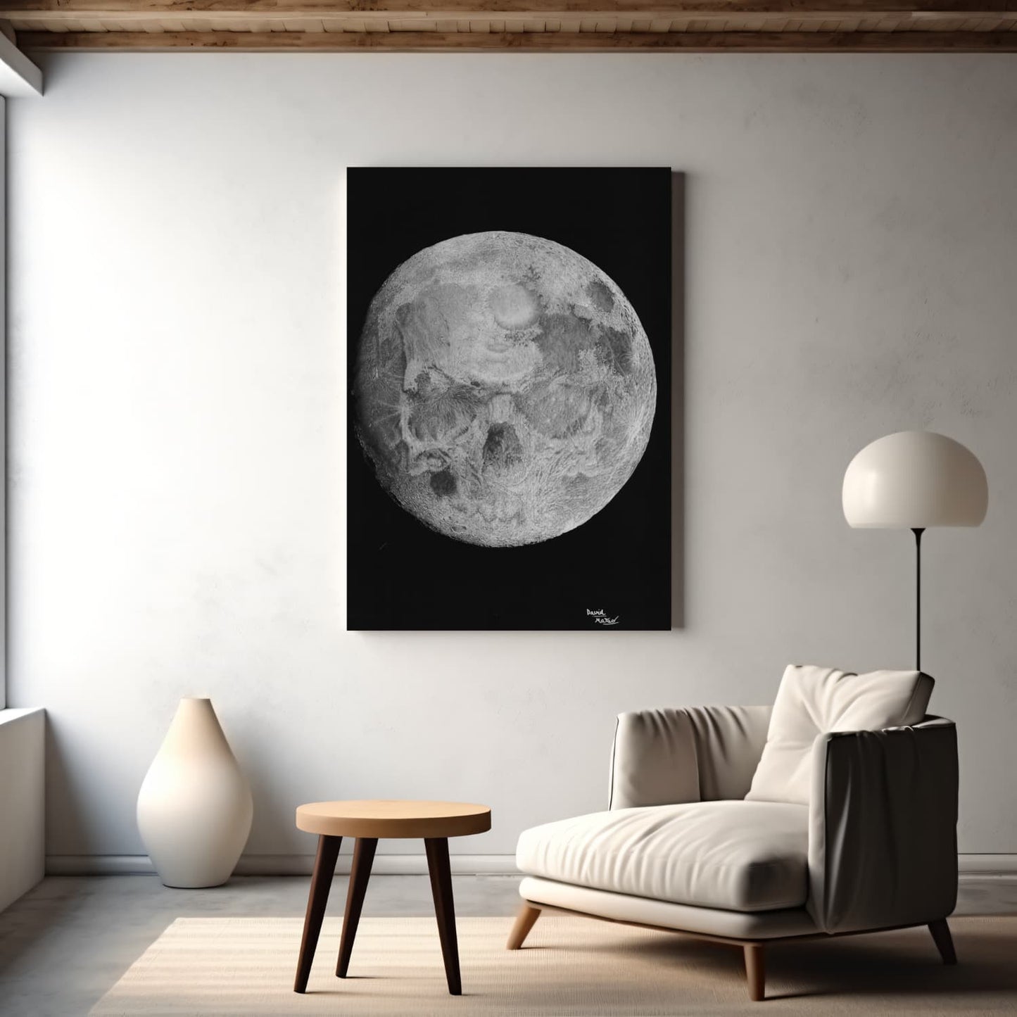 Lámina hiperrealista de una luna llena con una calavera escondida. Arte gótico.