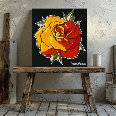 Lámina decorativa para pared Neo Tradicional estilo Tattoo de una rosa roja titulada Rosa de Fuego.