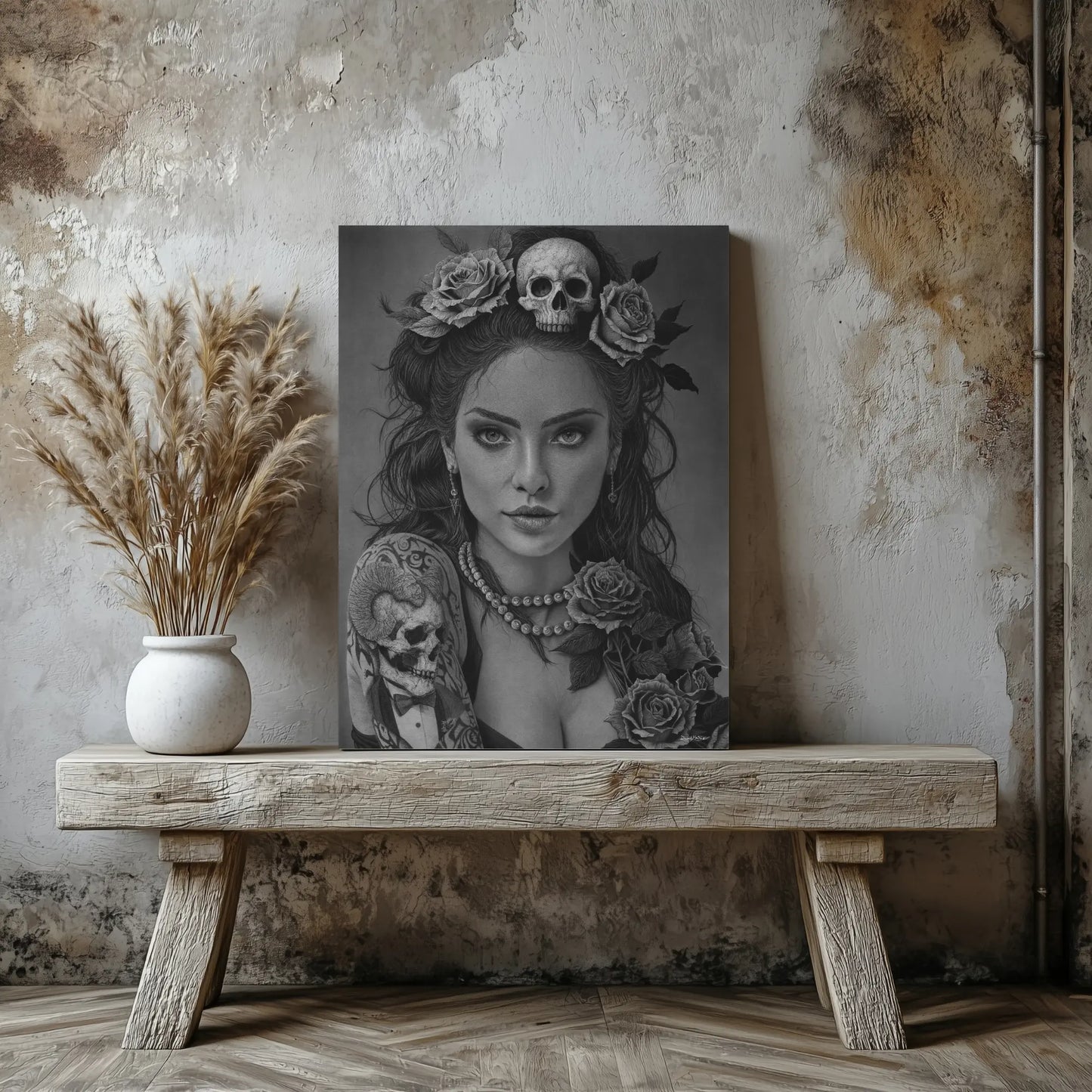 Cuadro para salón moderno de una ilustración realista en blanco y negro titulada ¿Ángel o Demonio?, un retrato femenino hiperrealista con fuerte carga simbólica.