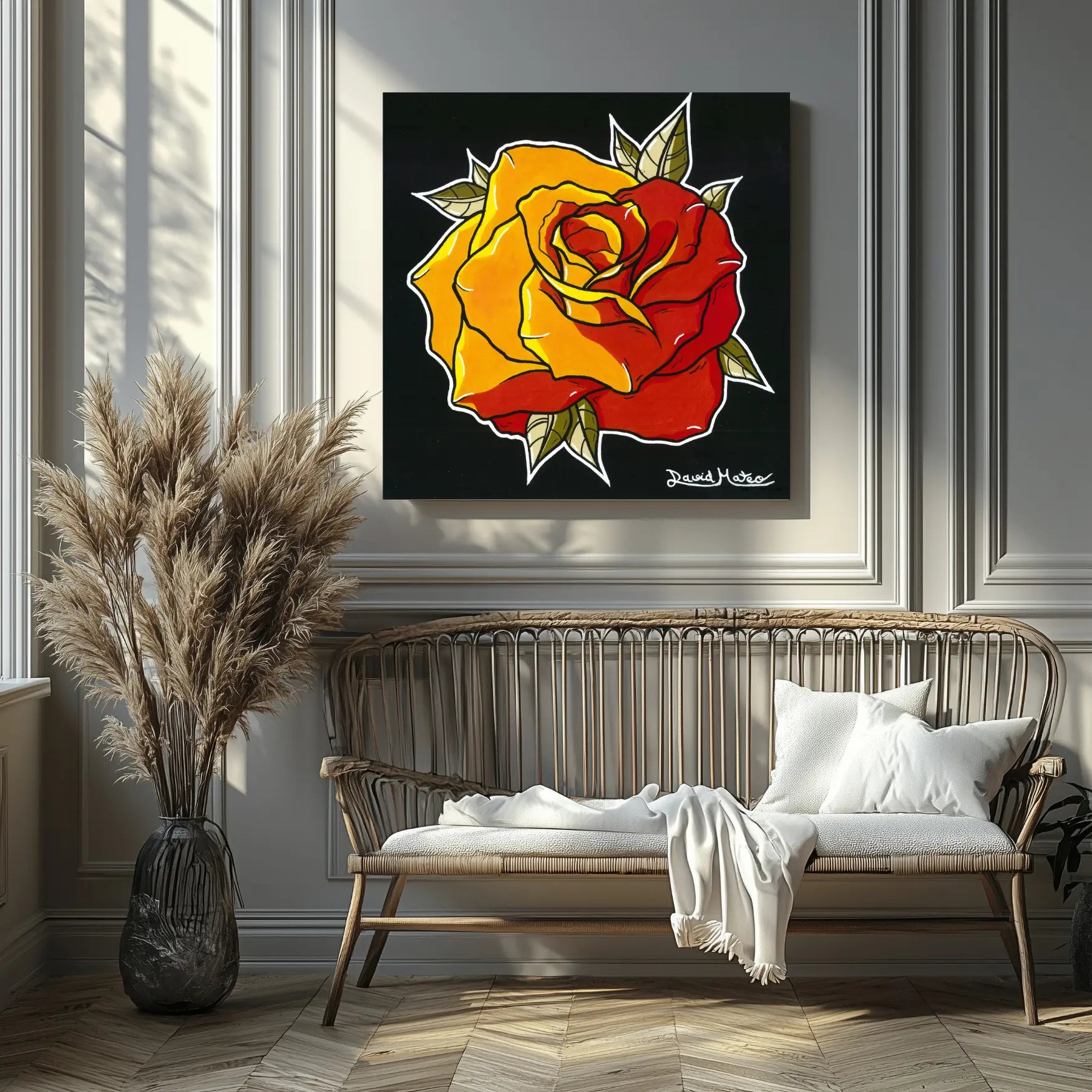 【レア】Natsu Rose 初期アート作品(サイン入り) Neo-Traditional Yellow and Red Rose Print | David Mateo Art