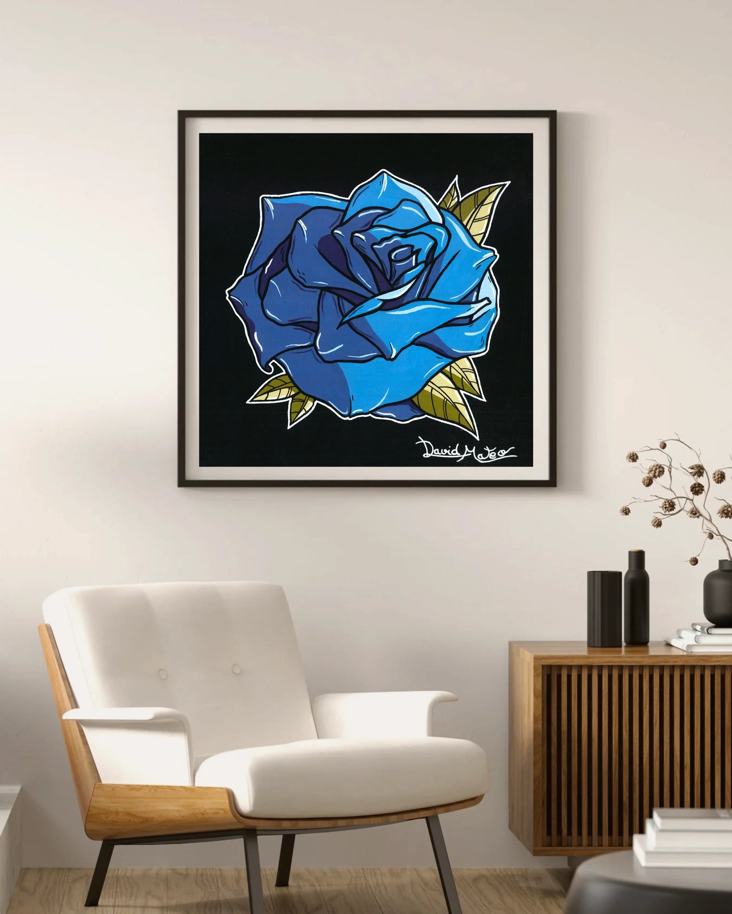 Obra original de David Mateo Art. Reproducción de alta calidad de una rosa ilustrada con color azul saturado. Un print audaz para tu colección.