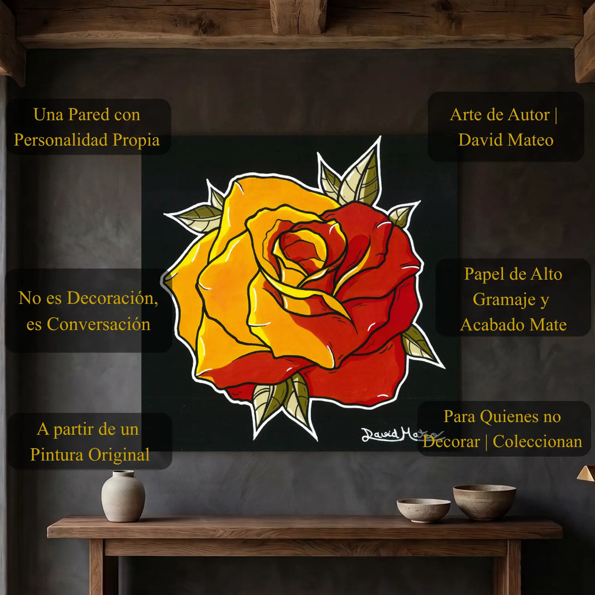 Print decorativo estilo Neo Tradicional de una rosa de tonos cálidos.