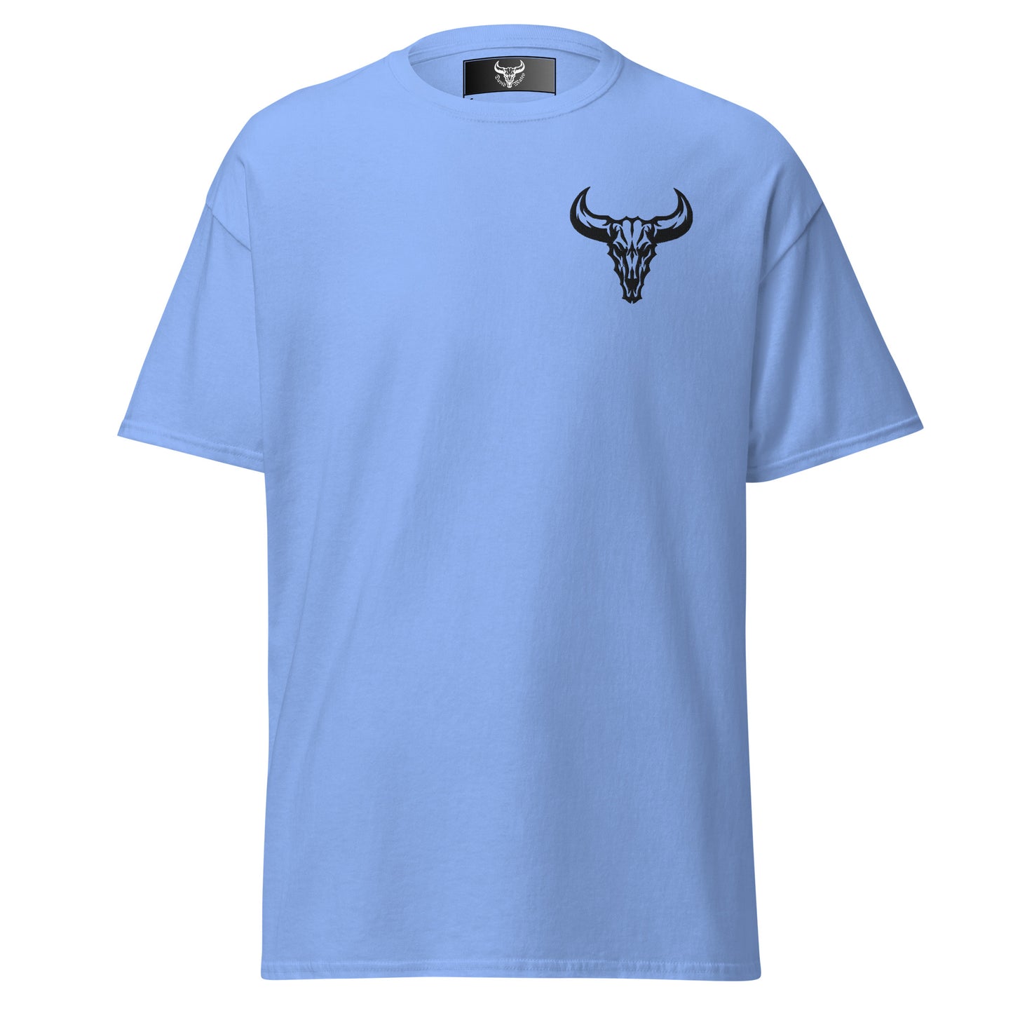 Camiseta de algodón azul carolina con logo de calavera de toro negro bordado en el pecho izquierdo, camiseta unisex de estilo minimalista para hombre y mujer.
