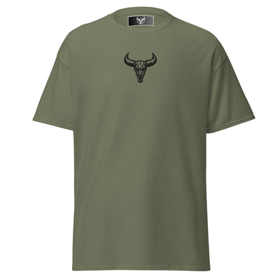 Camiseta de algodón verde militar con logo de calavera de toro negro bordado en el centro del pecho, camiseta unisex de estilo minimalista para hombre y mujer.