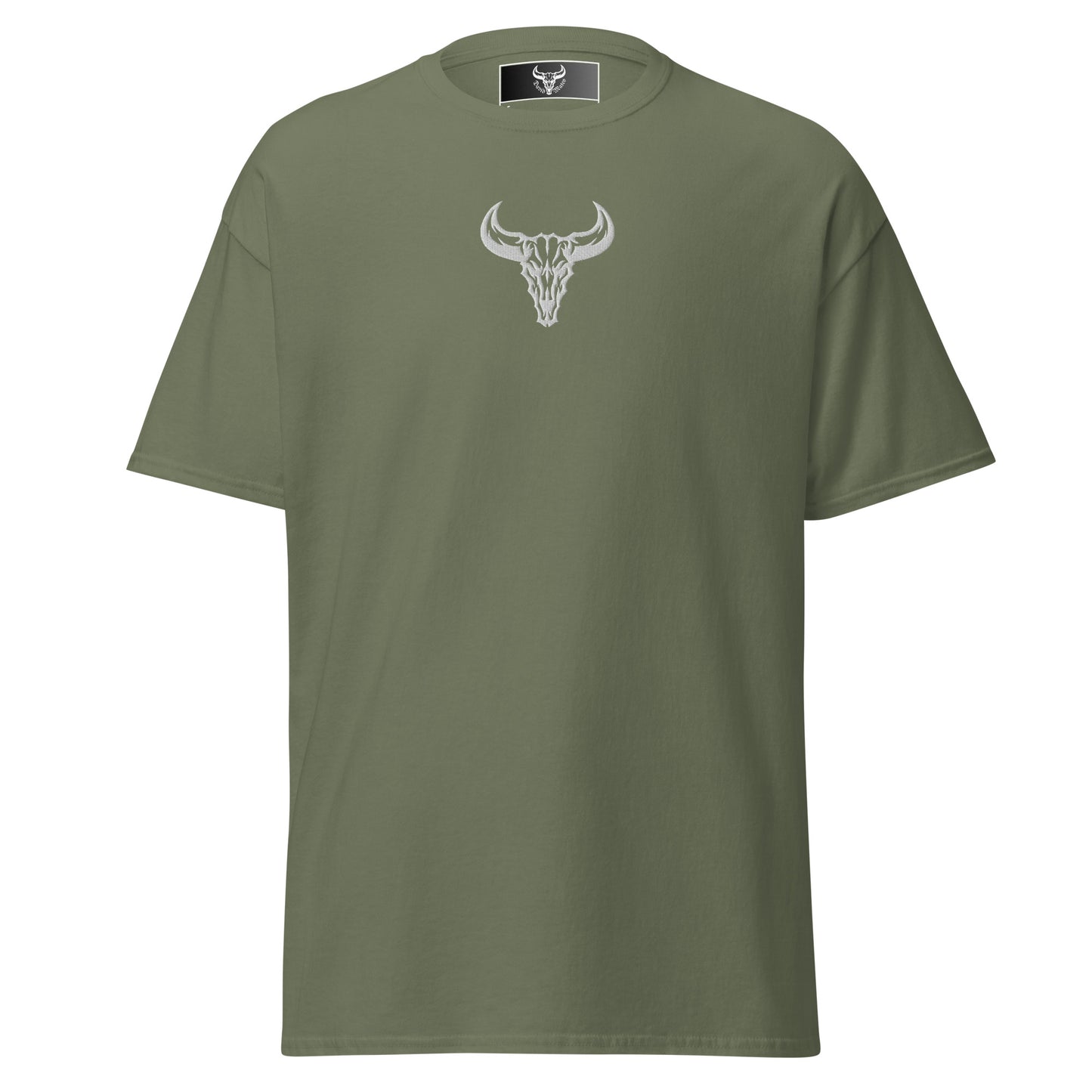 Camiseta de algodón verde militar con logo de calavera de toro blanco bordado en el centro del pecho, camiseta unisex de estilo minimalista para hombre y mujer.