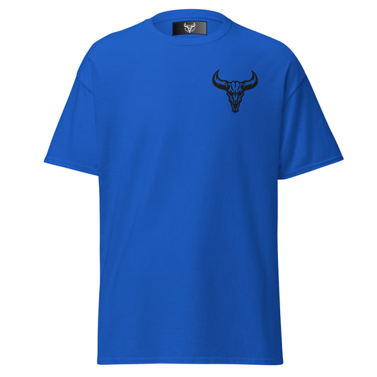Camiseta de algodón azul con logo de calavera de toro negro bordado en el pecho izquierdo, camiseta unisex de estilo minimalista para hombre y mujer.
