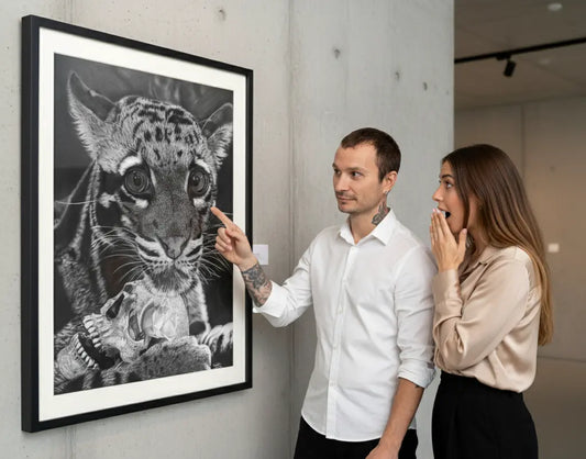 El artista David Mateo señalando su lámina hiperrealista en blanco y negro de un leopardo con un cráneo, mientras una mujer reacciona con asombro en una exposición de arte.