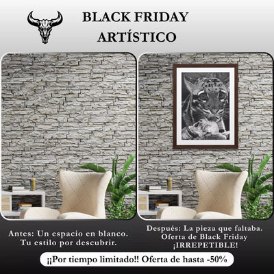 Banner de Black Friday Artístico con un 'Antes y Después' de un salón. Muestra cómo una lámina del leopardo con el cráneo transforma un espacio vacío, destacando una oferta de hasta -50% por tiempo limitado.