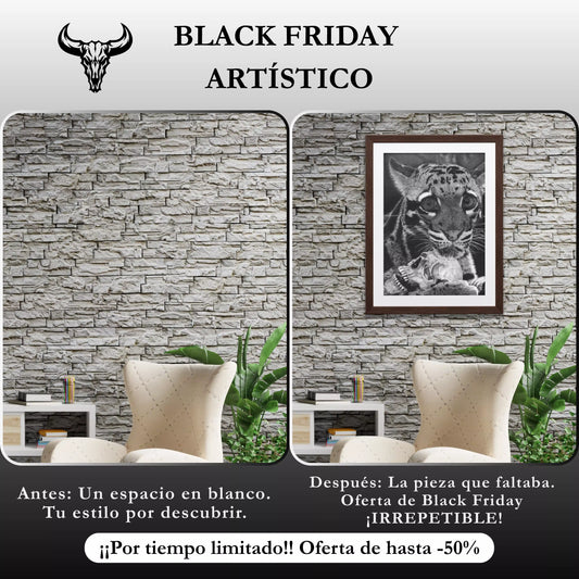 Banner de Black Friday Artístico con un 'Antes y Después' de un salón. Muestra cómo una lámina del leopardo con el cráneo transforma un espacio vacío, destacando una oferta de hasta -50% por tiempo limitado.