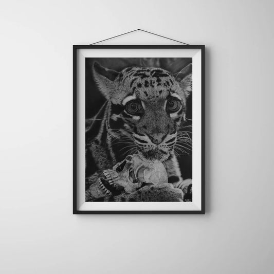 Exposición en una galería de arte del dibujo hiperrealista "El Último Sapiens" de David Mateo.