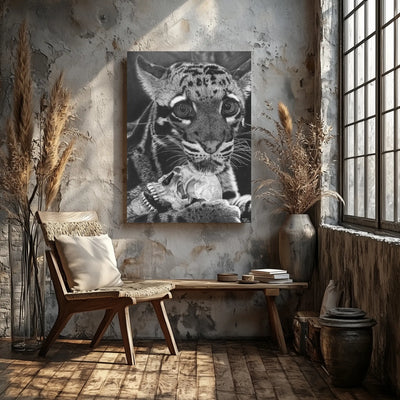 Lámina decorativa para pared grandes de un felino con una calavera en sus patas.