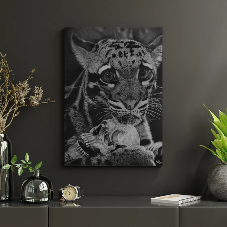Lámina en blanco y negro de un leopardo realista sosteniendo una calavera, mostrada en un interior moderno.