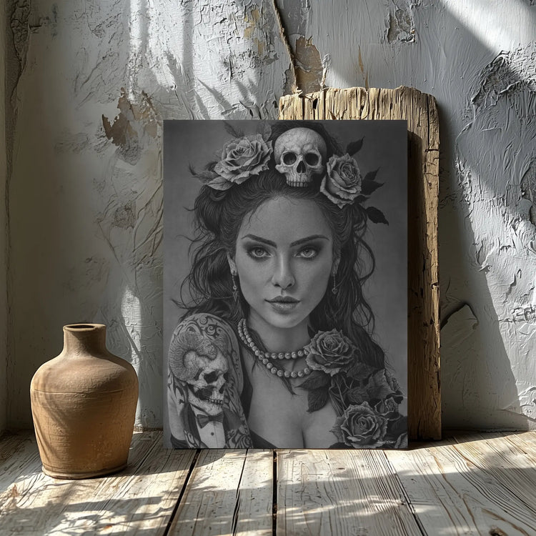 Mi galería de arte gótico e hiperrealista en Lámina decorativa de un dibujo hiperrealista de una mujer con rosas y calaveras.