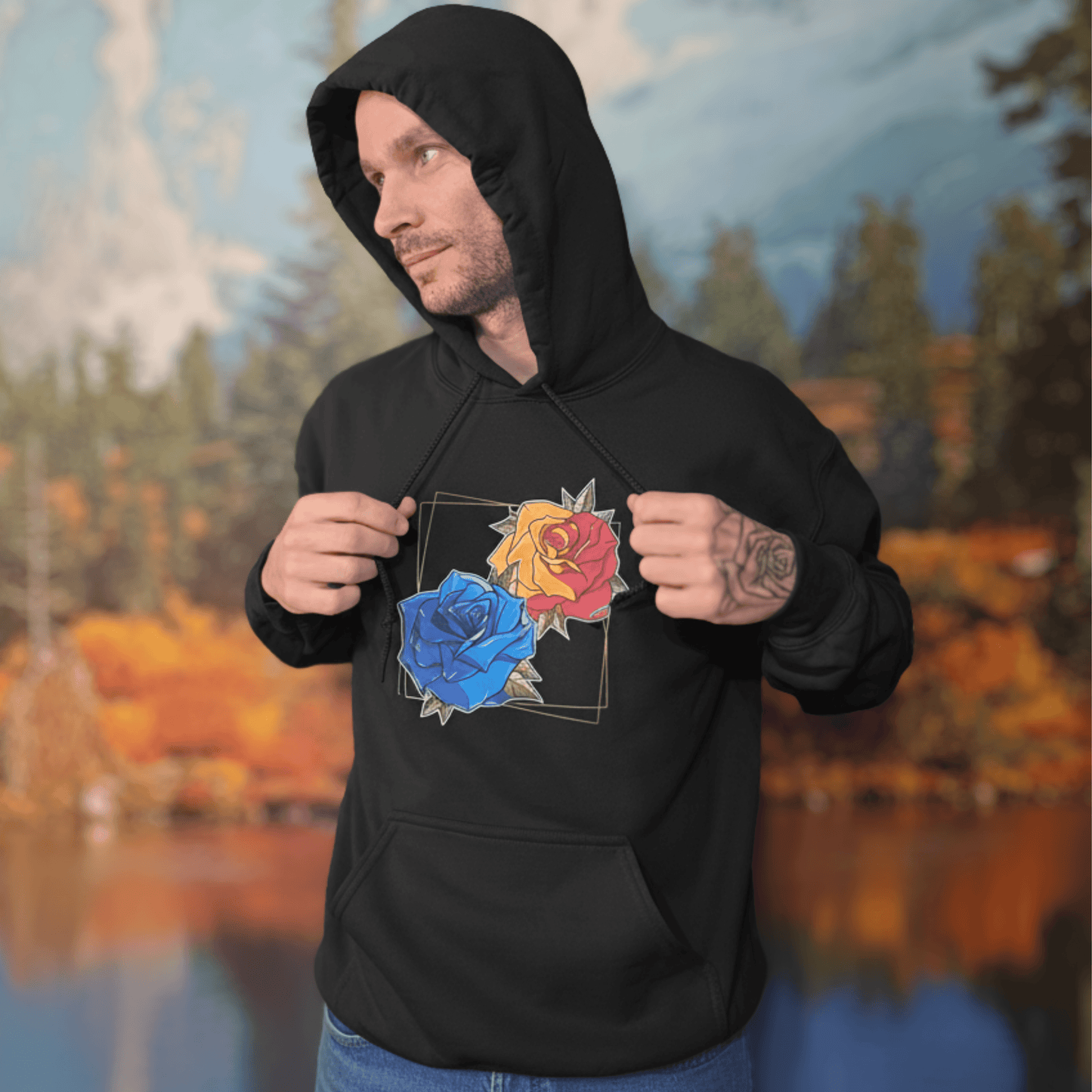 Sudadera con Capucha – Rosa Neotradicional, Diseño a Mano