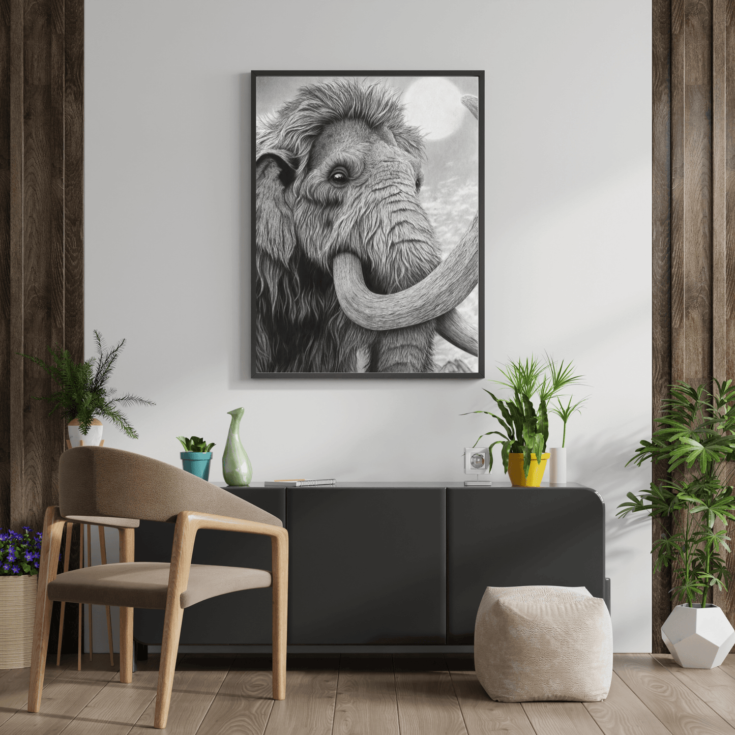 Lámina Fine Art "Lanudo": Retrato de Mamut a Carboncillo
