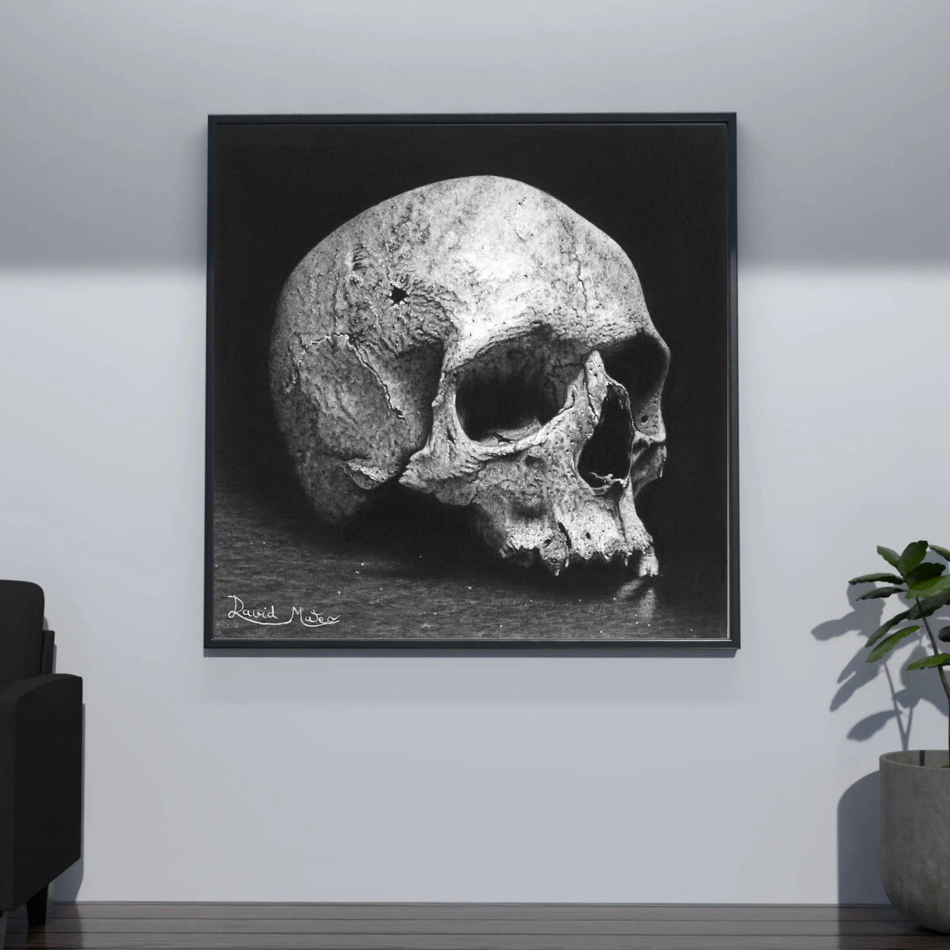 Arte gótico e hiperrealista de un dibujo a lápiz de carboncillo ideal para la decoración de interiores oscuros.