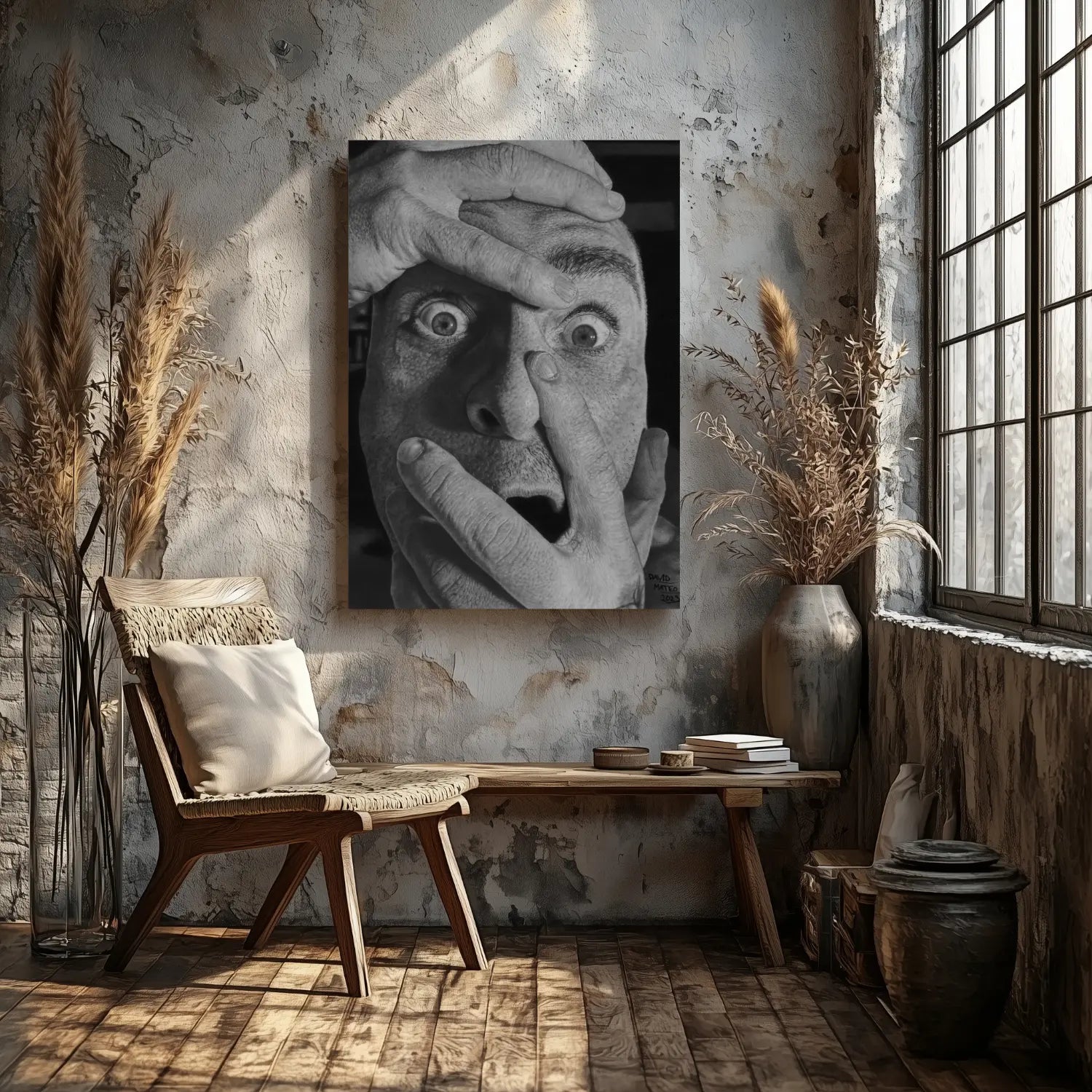 Cuadro de autorretrato detallado a grafito ideal para decorar un estudio de arte o un salón moderno con una pieza expresiva.
