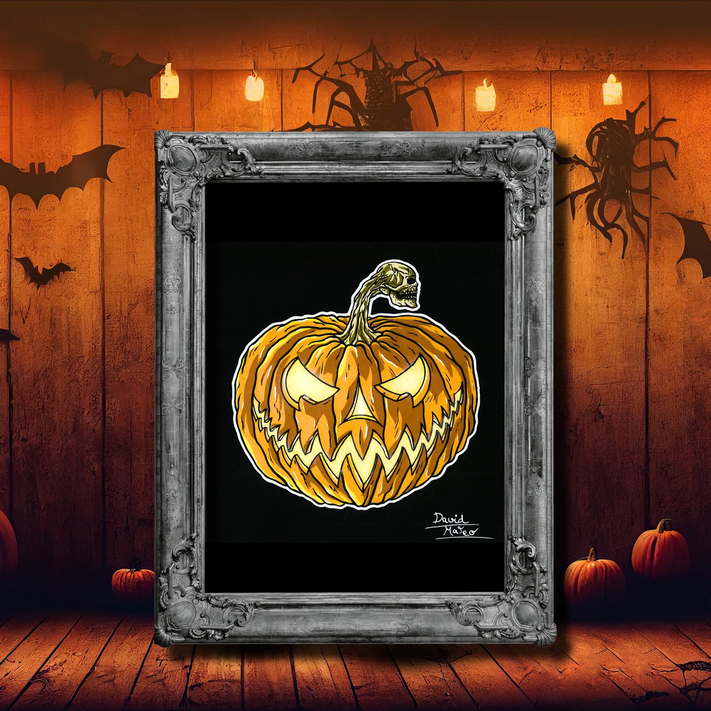 Ilustración gráfica de una calabaza en color naranja intenso y amarillo brillante sobre fondo negro. El arte tiene líneas gruesas, típico del estilo bold o tatuaje.