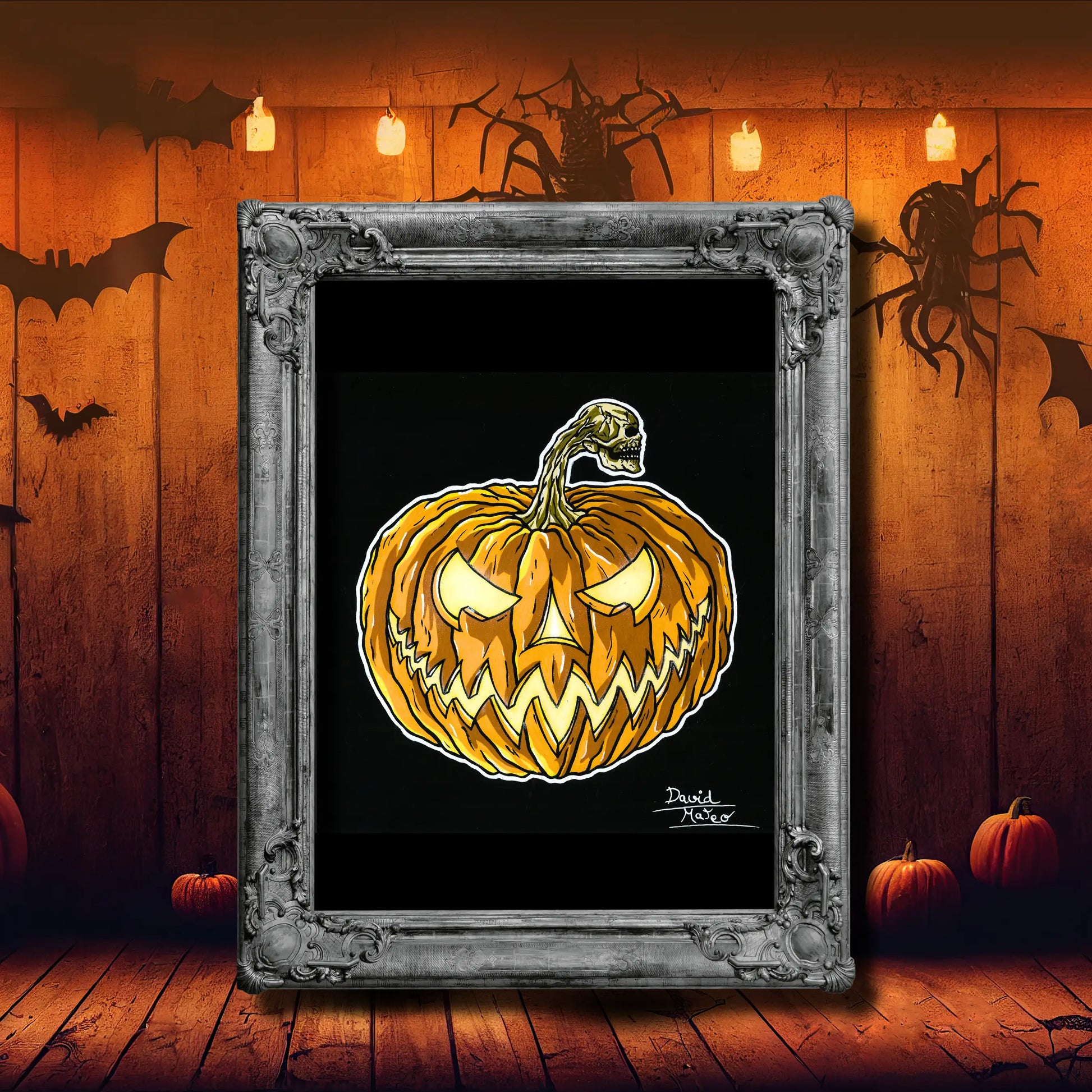 Ilustración gráfica de una calabaza en color naranja intenso y amarillo brillante sobre fondo negro. El arte tiene líneas gruesas, típico del estilo bold o tatuaje.