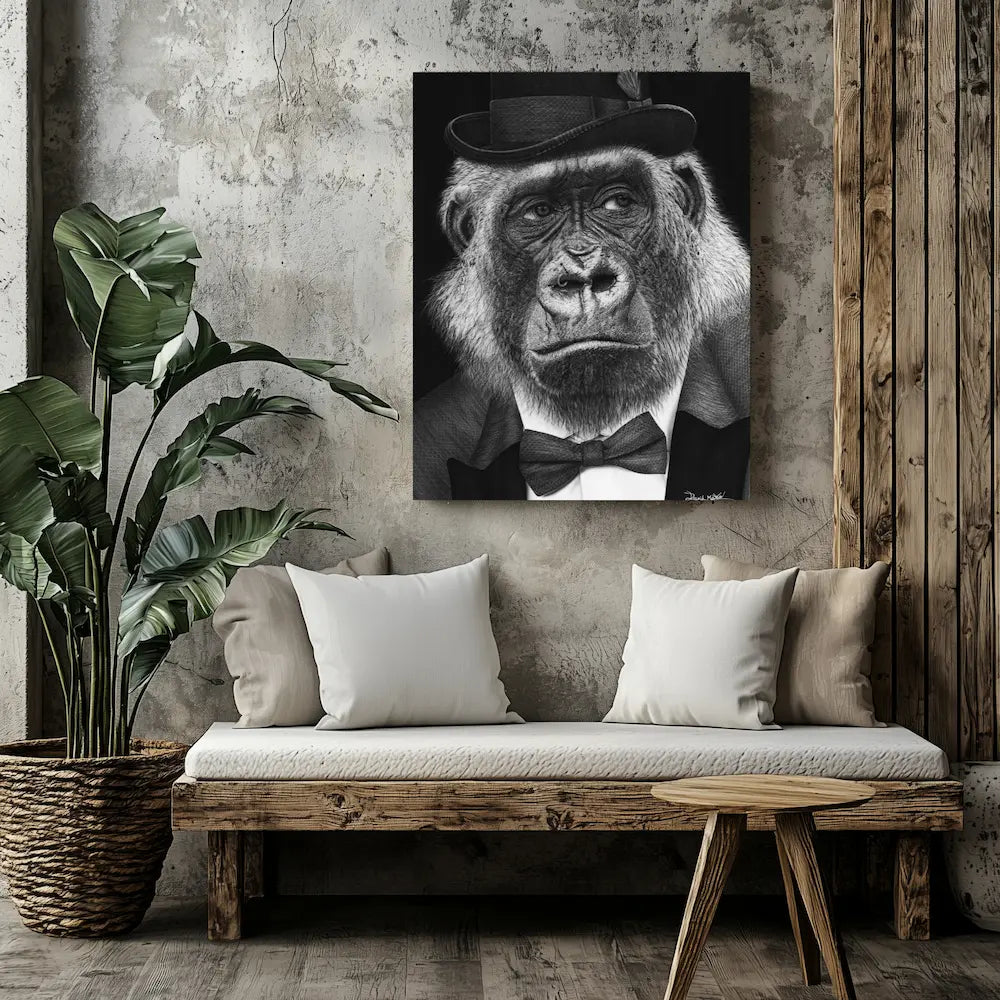 Arte hiperrealista a carboncillo de un gorila elegante con esmoquin y pajarita en un ambiente moderno.