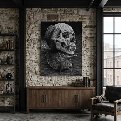Arte gótico de hiperrealismo de un caracol con cocha de calavera del artista David Mateo.