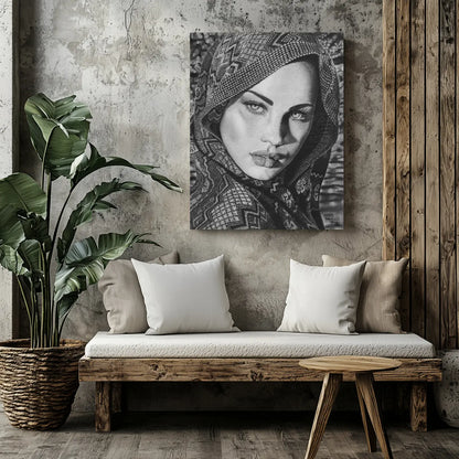 Obra de arte a lápiz grafito "Mirada Árabe" sobre una repisa de madera, mostrando la escala y la elegancia monocromática de la pieza.