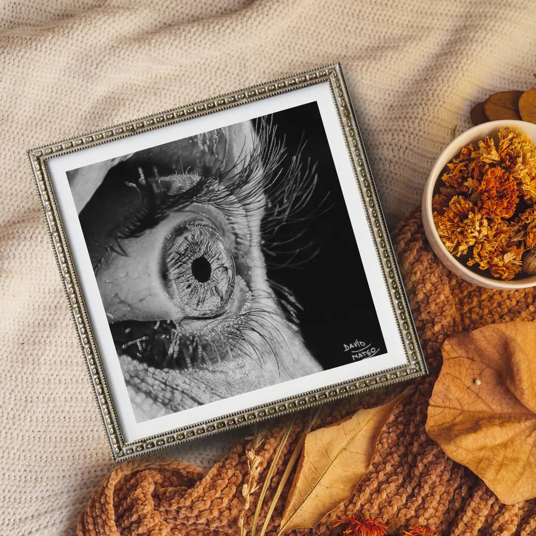 Lámina 'Ojo por Ojo'. Dibujo hiperrealista de una mirada cruda e inquietante. La obra provoca una reacción de misterio y tensión en blanco y negro.