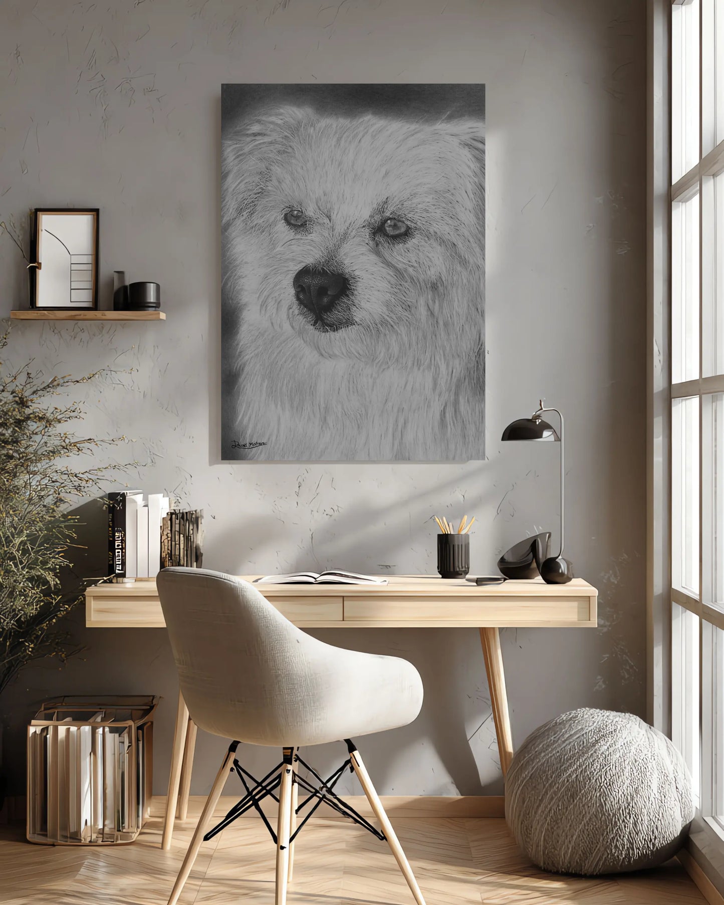 Impresión de arte de un perro de raza tipo West Highland White Terrier o Bichón. Retrato de mascota en blanco y negro para decoración de pared.