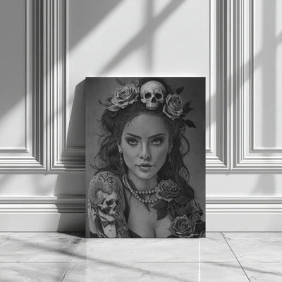 Lámina decorativa para pared de retrato hiperrealista en blanco y negro que representa un rostro femenino con calavera y rosas, dibujado a carboncillo con gran nivel de detalle.