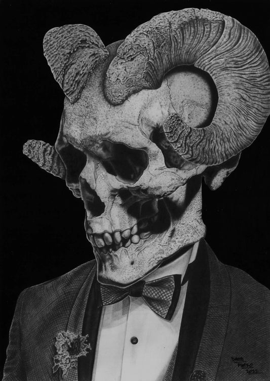 Obra completa de “Cabravera”, un cráneo humano con cuernos de cabra estilizado con estética oscura, dibujo original de David Mateo Art.