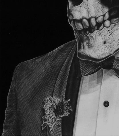 Detalle en primer plano del dibujo cabravera, mostrando un esmoquin y pajarita del artista David Mateo.