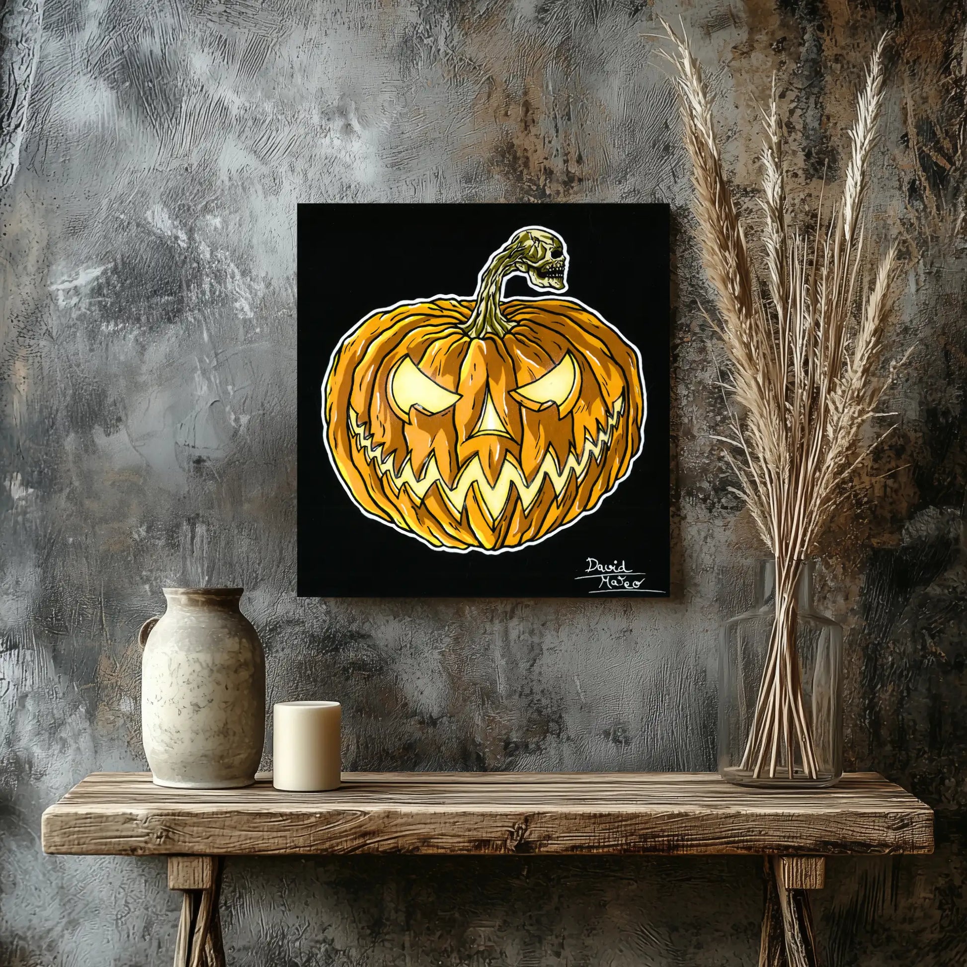 Detalle de la calidad de impresión y textura del papel mate de la lámina artística El Espíritu de Halloween.