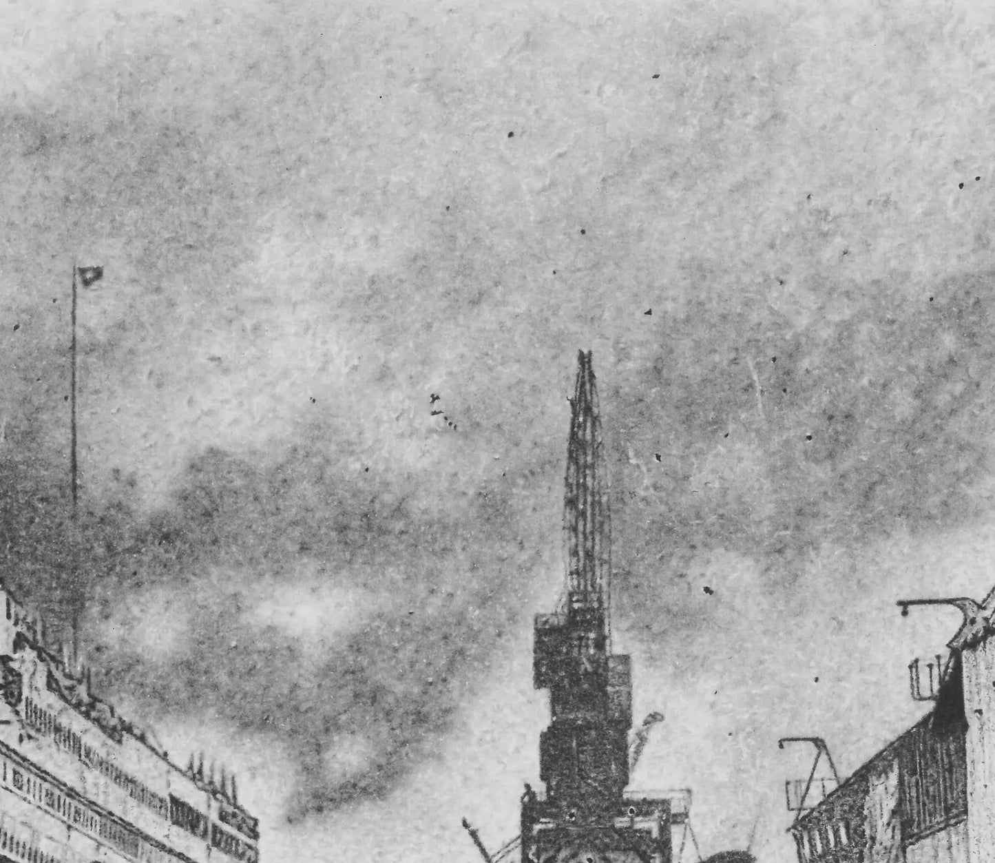 Detalle de las chimeneas del Titanic emitiendo humo, destacando el sombreado atmosférico y la técnica de difuminado.