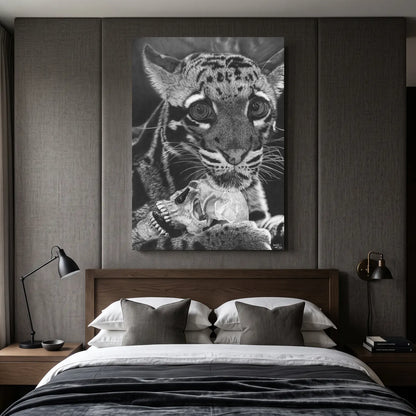 Cuadro decorativo de un leopardo nublado colgado en una pared de un dormitorio moderno.