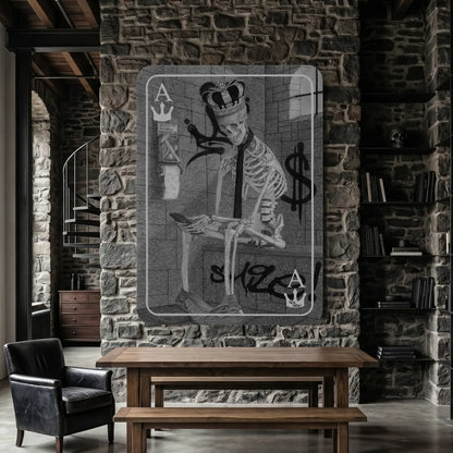 Cuadro decorativo moderno de arte gótico de un esqueleto de rey sentado en su trono. Dibujo a lápiz de David Mateo.