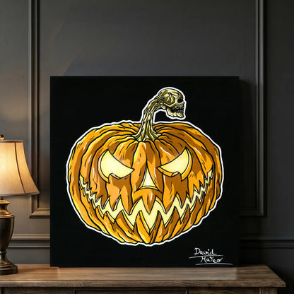 Cuadro decorativa moderno de una calabaza de Halloween hecho con pinturas acrílicas.
