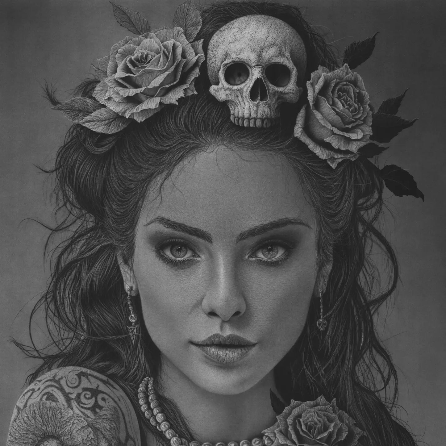 Cuadro decorativo moderno de una chica gótica con rosas y calaveras, dibujo a lápiz de David Mateo.