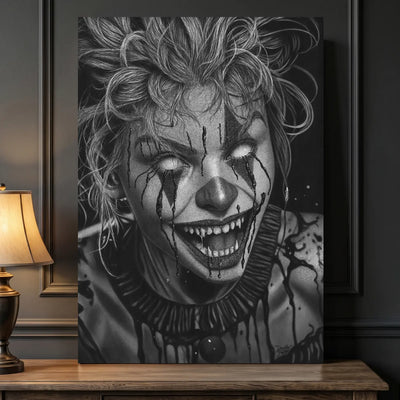 Cuadro decorativo moderno de un dibujo a lápiz de una payasa gótica con lágrimas de sangre.