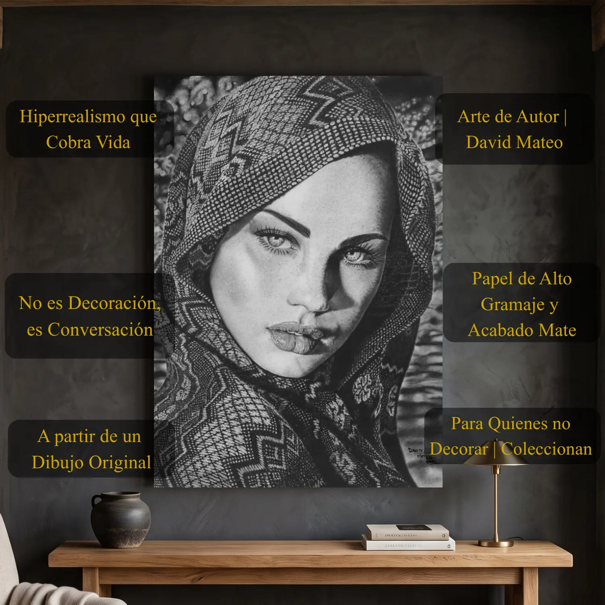 Cuadro decorativo moderno de una mujer árabe con velo de rejilla dibujado por David Mateo.